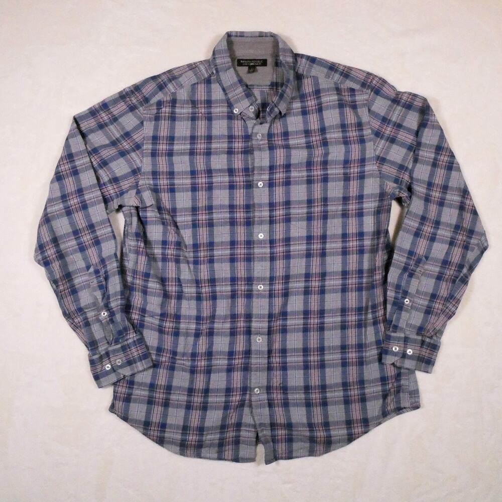 Banana Republic Luxe Flannel Size L Slim Fit Blue Grey Red Plaid Button Down